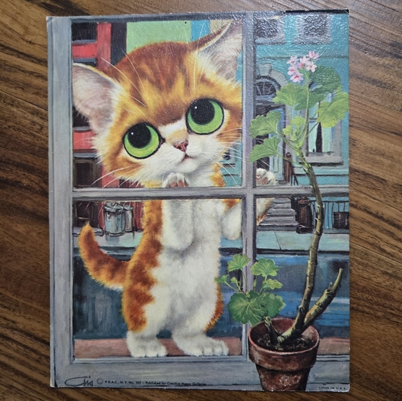 Vintage Big Eyes Pity Kitty Litho Art Print by Gig 8x10 Kitschy Cat 1960's Retro - Picture 1 of 4